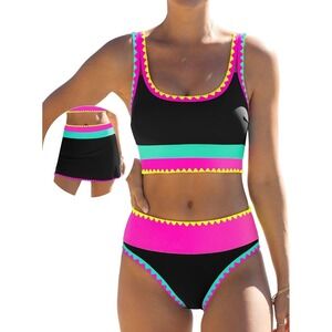 NWT Popvil Neon 3pc Bikini Set High Waist Tummy Control Skirt Black Pink Small